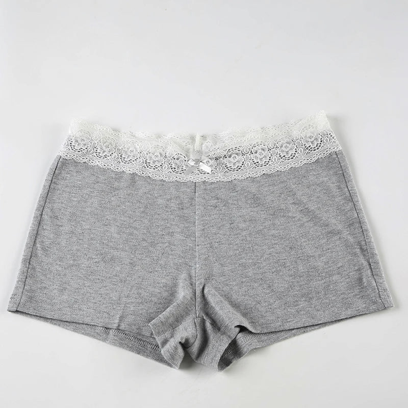 Cyflymder  Basic Solid Shorts Sets Women Casual Slim 2 Piece Sets Slash Neck Folds Camis Tops Lace Trim Low-Waisted Shorts