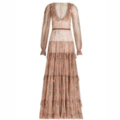 Cyflymder  Autumn Casual Bohemia Dresses Elegant V-neck Ruffled High Waist Evening Dress Women Fashion Printed Mesh Pleated Long Dress