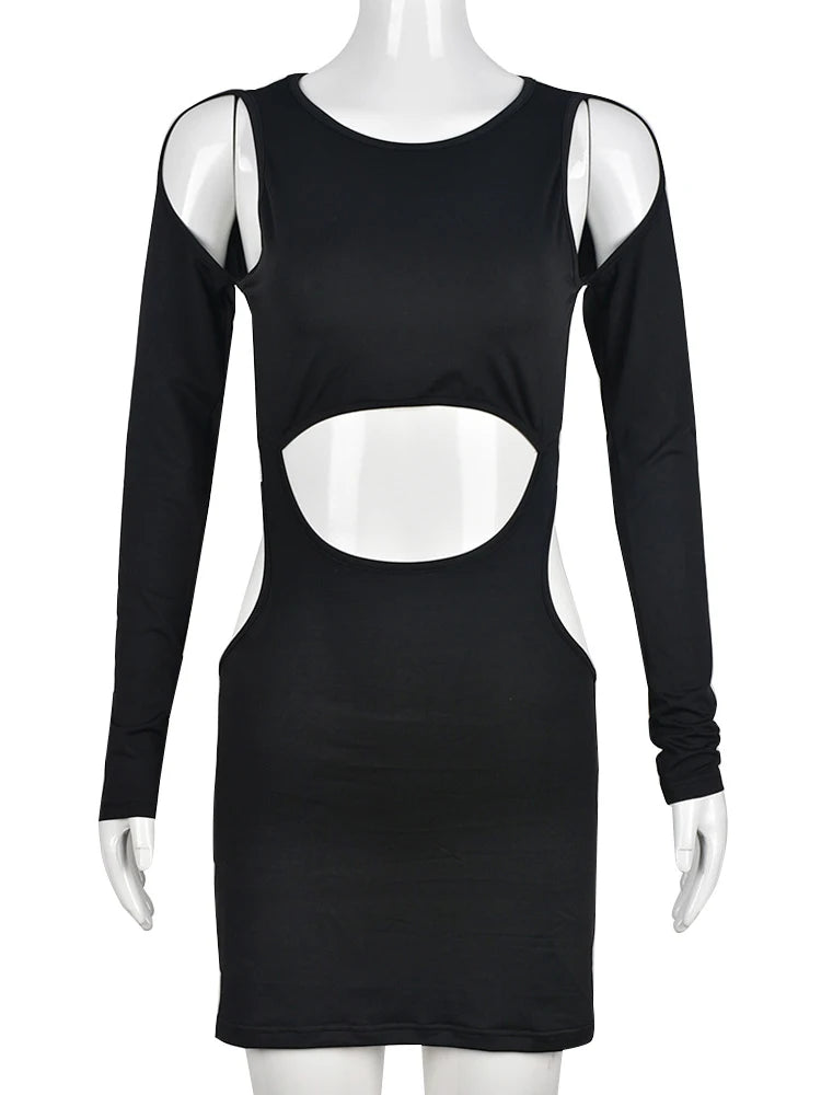 Cyflymder  Y2k Hollow Out Black Sexy High Street Short Dress Irregular Long Sleeve High Waist Hole Club Bandage Chic Women's Sheath Dresses