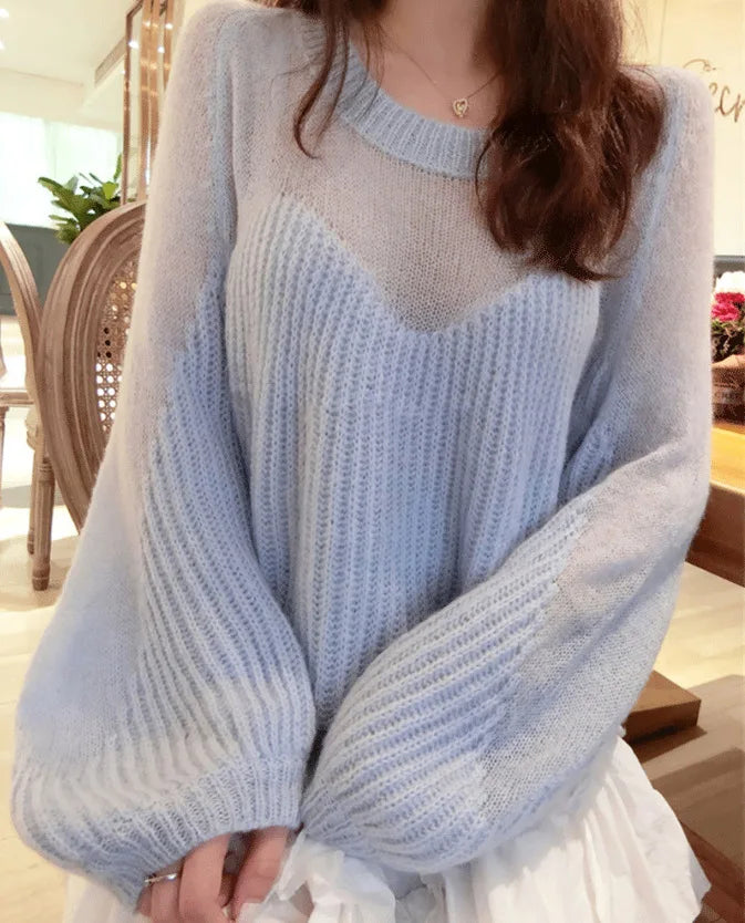 Cyflymder  Lazy Style Knitted Sweater Women Autumn Winter Loose Hollow Out Lantern Sleeve Pullover