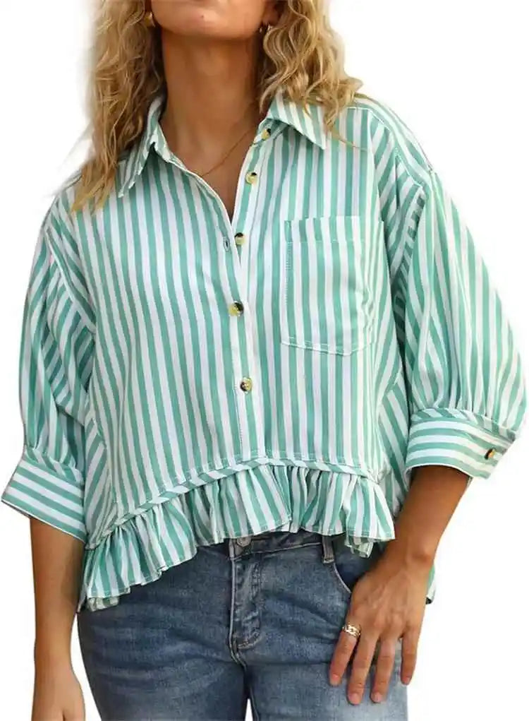 Cyflymder  Casual Stripe irt Women's Summer Top Button down ort Sve Gathered Hem Bubble Sve Polyester Fiber Commute Sleeve