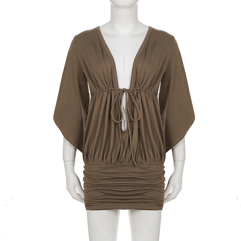 Cyflymder   Women Deep V Neck Batwing Short Sleeve Mini Dress Drawstring Waist Front Tie Ruched Bodycon Short Dress Summer Casual