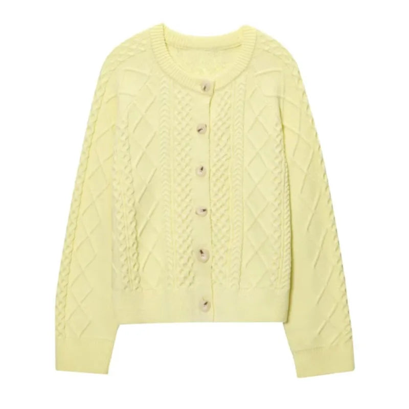 Cyflymder  Elegant Cardigan Sweater Women 2025 New Autumn Yellow Twist Knitted Top Single Breasted Long Sleeve Jumper Casual Knitwear Coat