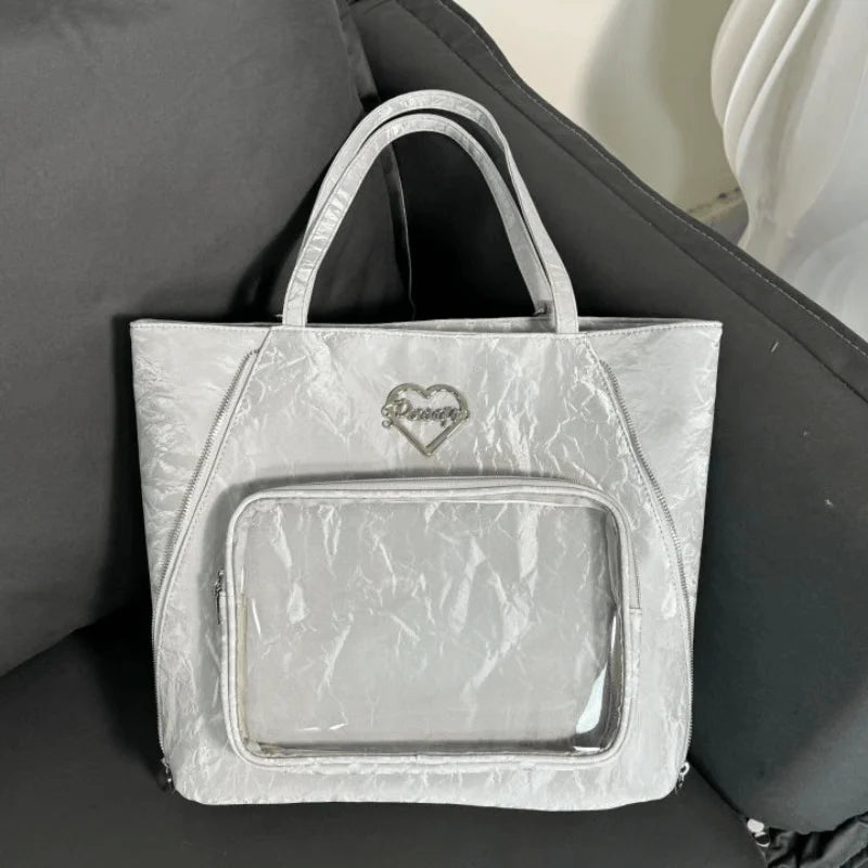 Cyflymder  Transparent Fashion Heart Tote Bag All Match Simple Y2k Aesthetic Women Handbags Vintage Casual High-capacity Shoulder Ita Bags