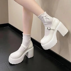 Cyflymder Shoes Female Mary Janes Women's High Heels Platform Dress Pump Women Shallow Buckle Strap Round Toe Chunky Heel Shoes Women