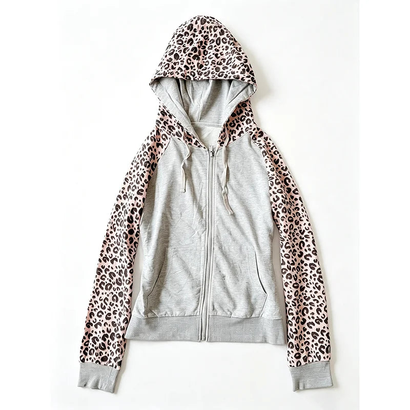 Cyflymder  Leopard Gray Shoulder Zipper High Street Hoodie Punk Retro Long Sleeved Y2K Women's Slim Casual Street Sports Shirt Gothic
