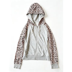 Cyflymder  Leopard Gray Shoulder Zipper High Street Hoodie Punk Retro Long Sleeved Y2K Women's Slim Casual Street Sports Shirt Gothic