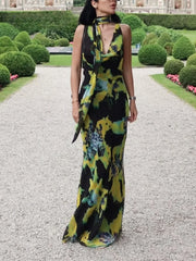 Cyflymder  Women's dress scarf decoration sleeveless long dress new fashion print mid-length dress beach holiday evening dress