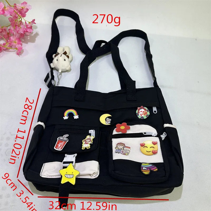 Cyflymder  Waterproof Oxford Cloth Handbag Fashion Splicing Crossbody Bag with Badge Pendant Women Shoulder Bag Student School Bags Satchel