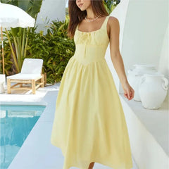 Cyflymder  Elegant Long Dress For Women Lace Up Sleeveless Square Neck Dresses 2025 New Summer Chic Casual Simple Vacation Beach Midi Dress
