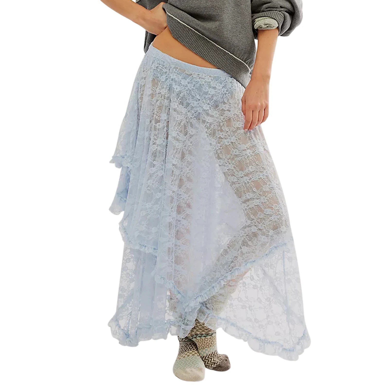 Cyflymder  Women's Solid Color Midi Skirts Lace Elastic High Waist Skirts Spring Summer Sweet Irregular Hem Casual Skirts