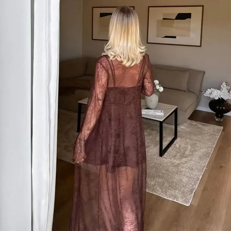 Cyflymder  Sexy Lace Coat Slip Dress Set Women Solid See Through Long Blouse Sleeveless Backless Short Dresses 2025 Fashion Summer Fall Set