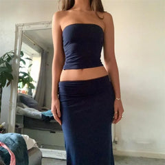 Cyflymder  Sexy Elastic Strapl Tirt Long Skirt Set Women's Faion plus Size Princ Dr Navy Collar No Sve Summer Winter