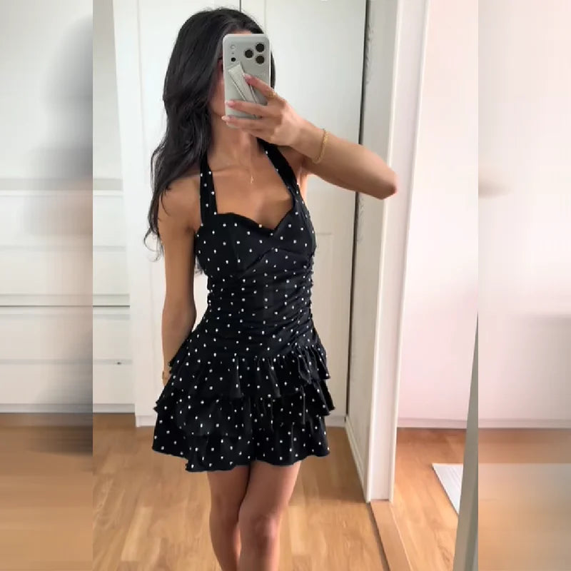Cyflymder  Polka Dot Mini Skirt For Women Halter Sweetheart Neck Open Back Ruched Waist Double Tier Ruffle Hem Dress Lady's Vacation Frock