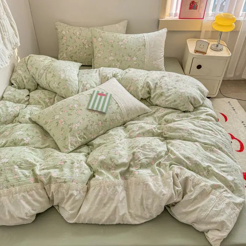 Cyflymder  INS French Style Fresh Floral Lace Trim Four-Piece Set Washed Cloud Cotton Quilt Cover Bed Sheet Dormitory Bed Sheet Sets