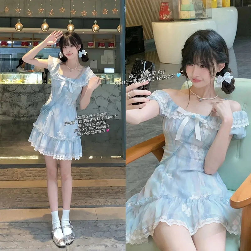 Cyflymder  Kawaii Bow Mini Dress Women Japanese Lolita Lace Slash Neck Dresses Summer Korean Party Cute Puff Short Sleeve Bodycon Vestidos