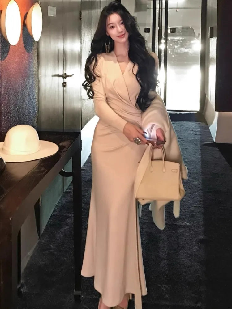 Cyflymder  Korean Solid Mermaid Dress for Women Autumn V-neck Long Sleeve Folds Slim Bodycon Vestidos Elegant Evening Party Prom Robe Mujer