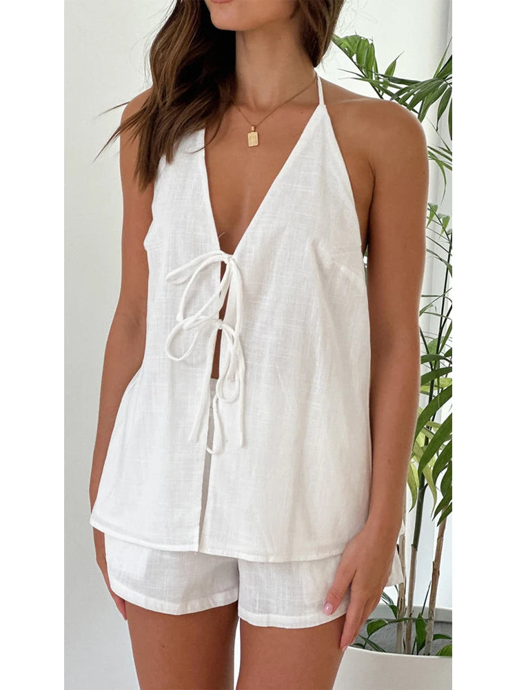 Cyflymder  Bowknot Backless Cotton Casual Women's Suit Top+shorts Matching Set Summer Spring Beach White Set Two Piece Shorts Set