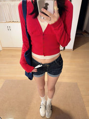 Cyflymder  Red Knitted Short Sweater Cardigan Woman Autumn V-neck Single Breasted Long Sleeve Knitwear Top Casual Simple Solid Crop Tops