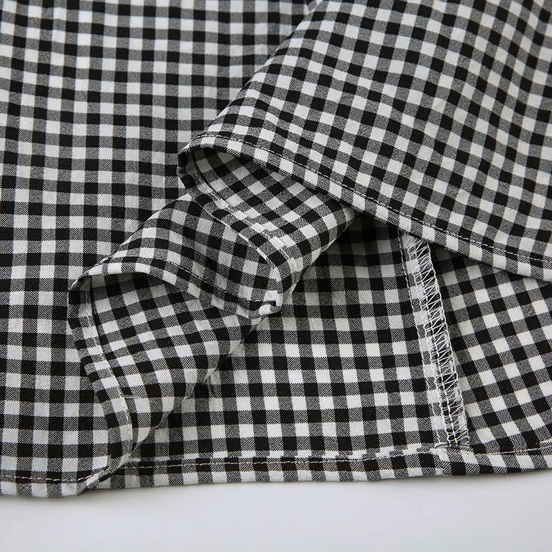 Cyflymder  Casual Slim Plaid A-Line Dress Elegant Fashion Basic Deep V-Neck Short Sleeve Ruffles Mini Dresses For Women 2025 Summer