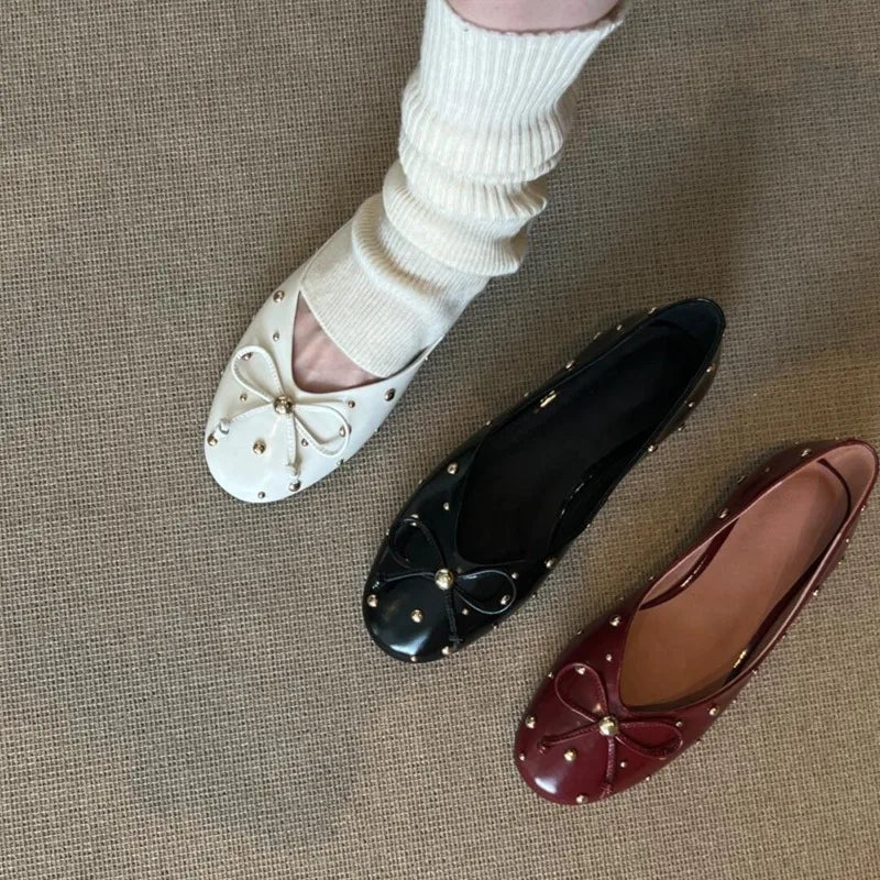 Cyflymder  Bordered Rivets Pumps Bows Leather  Round Toe Flat with Slip-On Fashion Concise Sweet Sexy Luxury Women Outdoor Shoes New