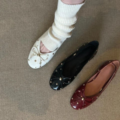 Cyflymder  Bordered Rivets Pumps Bows Leather  Round Toe Flat with Slip-On Fashion Concise Sweet Sexy Luxury Women Outdoor Shoes New