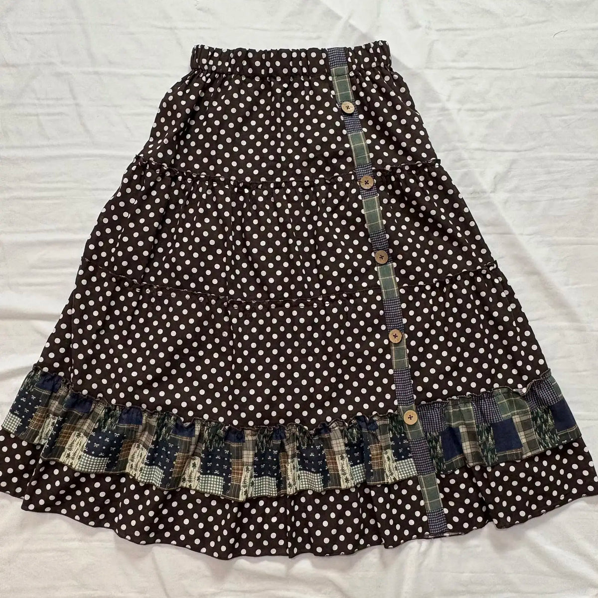 Cyflymder   Vintage Japanese Patchwork Plaid Print High Waist Button All Match A-LINE Skirts