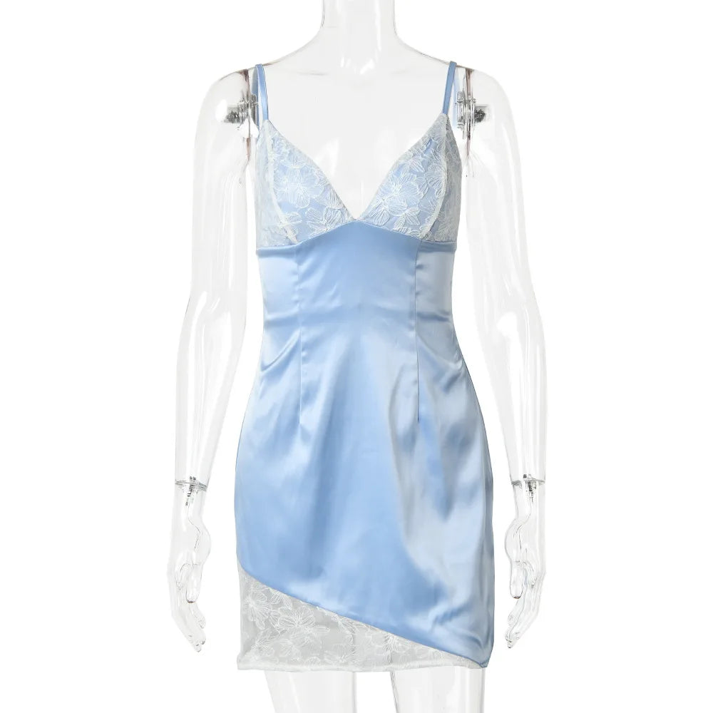 Cyflymder  Sexy Low-Cut Camisole Lace Satin Patchwork Mini Dress Women's Slim-Fit Party Club Holiday New Dress Fall