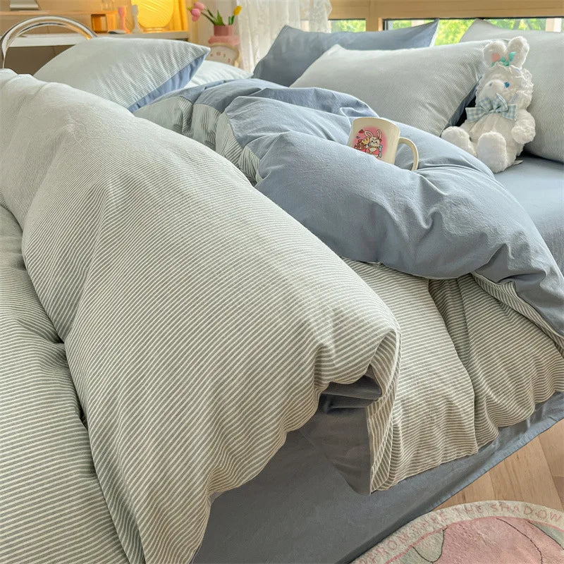 Cyflymder  Class A 100% Cotton Striped Bedding Sets Yarn Dyed Washed Cotton Breathable Duvet Cover Kit Single Bedclothes for All Seasons