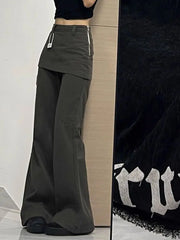 Cyflymder  Harajuku Patchwork Women Flared Pants Vintage High Waist American Style Fake Two Piece Trousers Y2k Baggy Solid Gyaru
