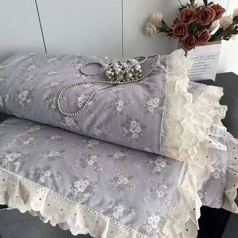 Cyflymder  Lace Pure Cotton Quilt 200x230cm Comforter Thin Summer Floral Printed Double Layer Gauze Quilted Blanket Queen Size Bedding