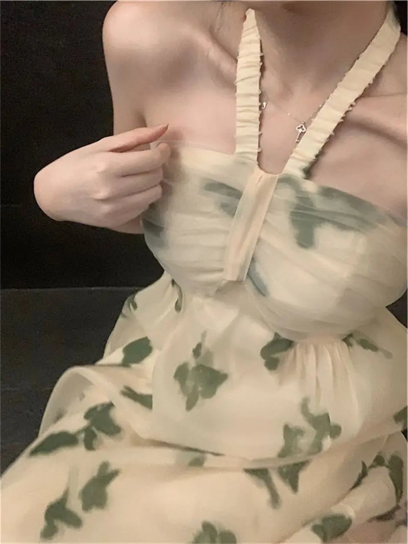 Cyflymder  Temperament Floral Neck Strapless Tulle Skirt Gentle Style Slim A-line Long Skirt