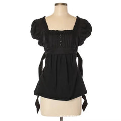 Cyflymder  Punk Fashion French Elegant Square Collar Short Sleeve T Shirts Harajuku Spliced Lace Edge A-line Clothes Y2k Lace Up Design Tee