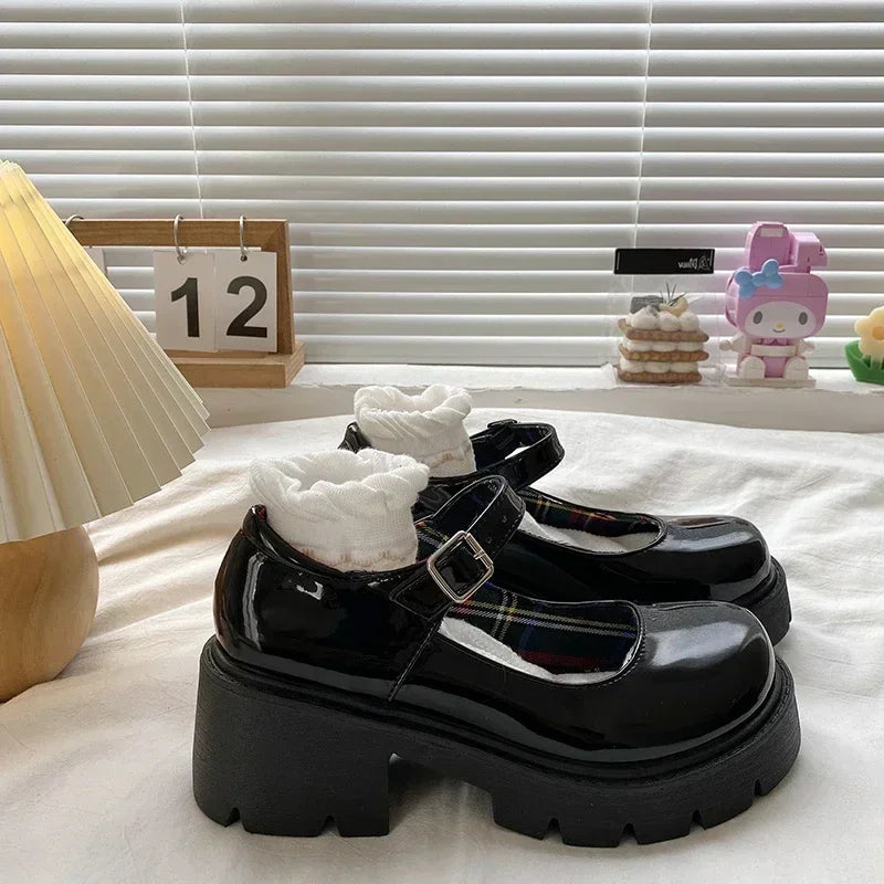 Cyflymder Platform Heels Mary Jane Shoes Simple Lolita Black Platform Heeled Shoes Student College Sweet Medium Heel Women Single Shoes