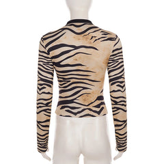Cyflymder  Women Animal Print Long Sleeve Tops Keyhole Cutout Front Lace Trim Slim Fit Cropped Blouse Vintage Streetwear Tee Shirt