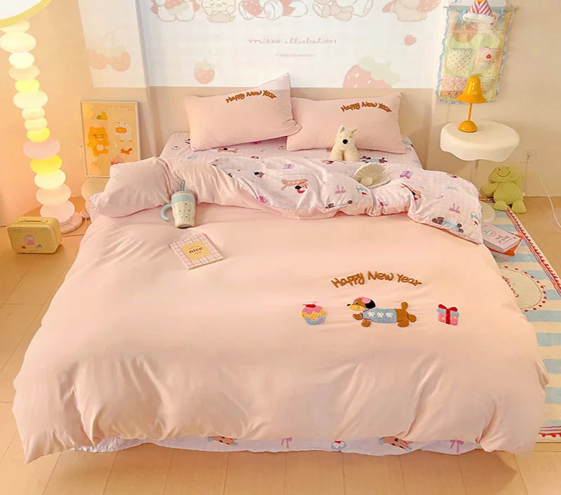 Cyflymder  Cartoon Printed Cloud Cotton Bedding Soft Set Sweet Washed Skin-Friendly Bedclothes Sets Single Textile Supplies for All Seasons