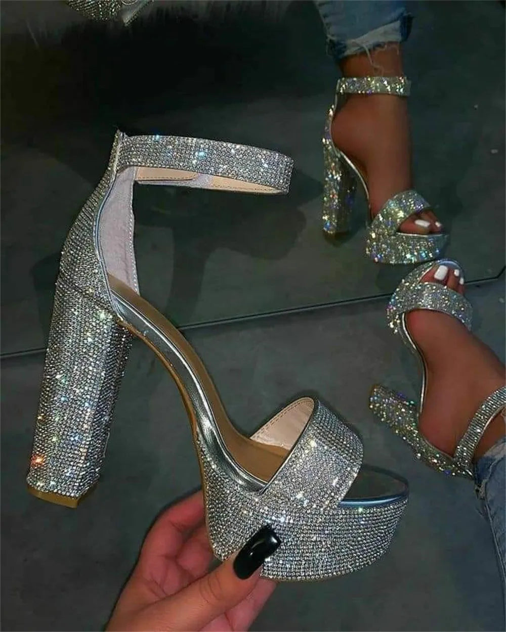 Cyflymder   Big Size 42 Sexy Crystals High Heels Sandals Women Bling Rhinestones Summer Ankle Strap Wedding Shoes Platform Party Sandal