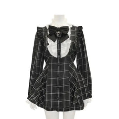 Cyflymder DRESS TO IMPRESS Japanese Style Gothic Y2k Lolita Plaid Rhinestone Bow Dress Shorts Set Sweet Women Puff Short Sleeve Button Shirt Party Dresses