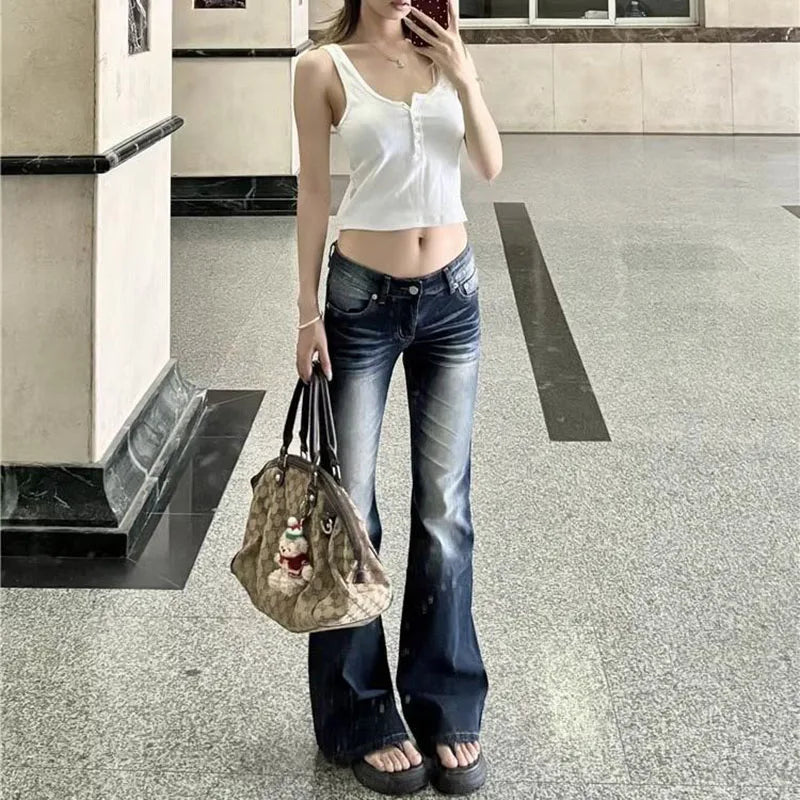 Cyflymder  Women Fashion Washed Denim Flares Pants Korean Style Low-Waist Slimming Wide Leg Jeans Female Streetwear Sexy Slim Y2K Trousers