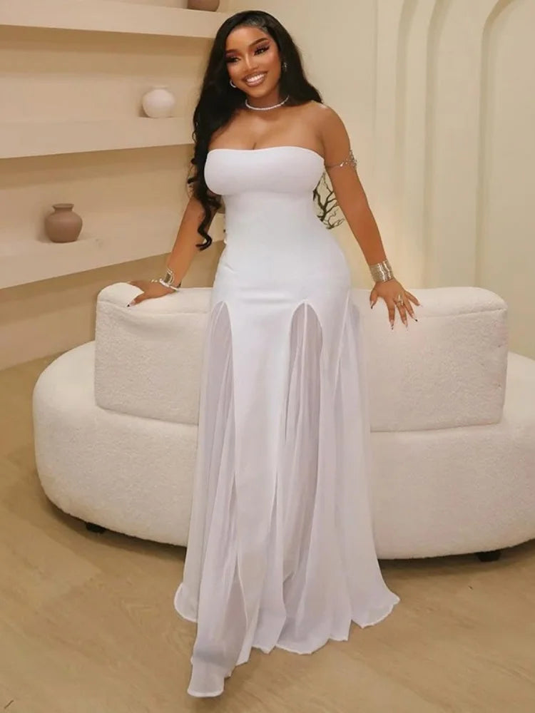 Cyflymder  Dress Women Wholesale Slightly Sheer Design Strapless Line Skirt Cinches Waist Look Slimmer One Neck Solid Color Trendy
