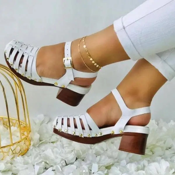 Cyflymder  High Heel Sandal for Women Female Shoe Large Size High-heeled Retro Girls Low Comfort Big 2025 Beige Closed Fabric PU Rubber Sol