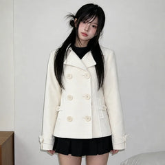 Cyflymder  New Women Off White Cropped Chic Coat Lapel Double Breasted Jacket Slim Short Overcoat Sweet Preppy Autumn Winter Outerwear