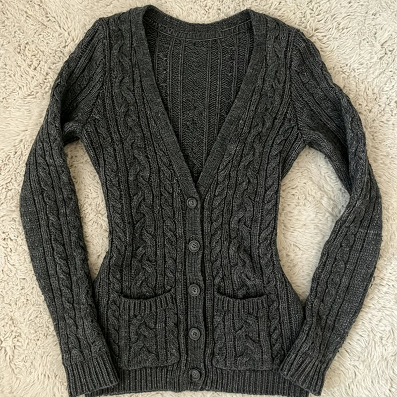 Cyflymder  Ladies' V-Neck Cardigan Fashionable Punk Slim Fit Y2K Dark Gray With Pocket Button Up Jacket Street High Street Hip-Hop