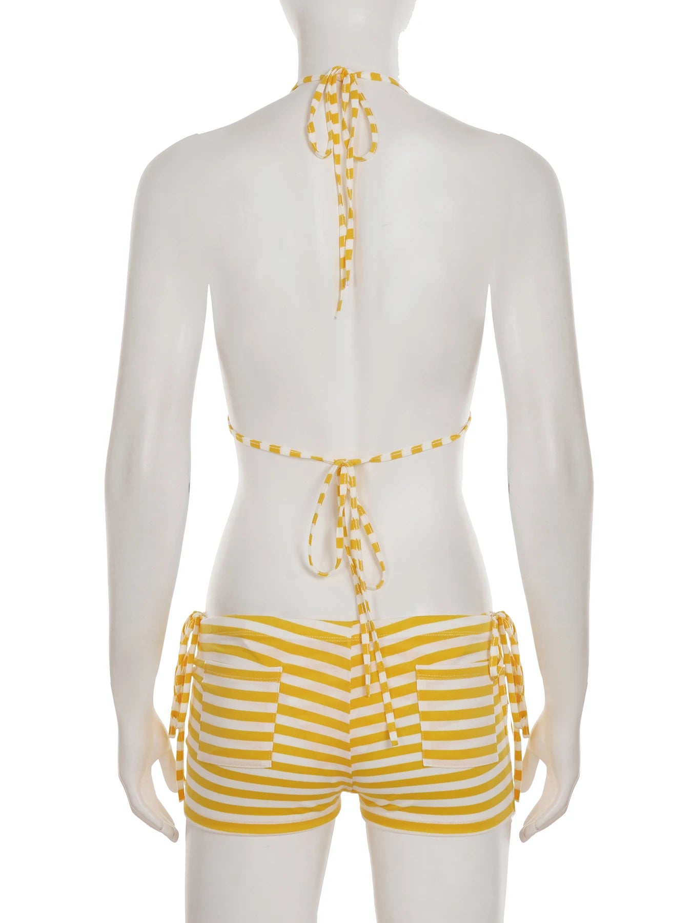Cyflymder  Beach Style Striped Bikini Sets Holiday Sexy Bandage 3 Piece Sets Backless Brief Halter Tops Low-Waisted Pantys Shorts