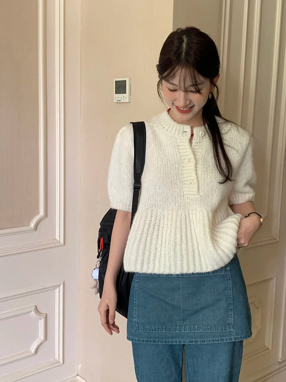 Cyflymder  Chic Autumn New Sle Retro Splicing Lace Trim Soft Bubble Sve Knitted Sweater Women's Faionable Commute Loose Fit