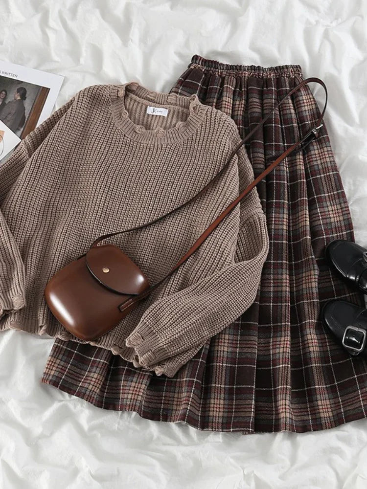 Cyflymder Preppy Vintage Sweater Two-piece Set Women's Loose Knit Pullover Autumn High Waist Coffee Plaid Skirt Gentle Girly Single Piece