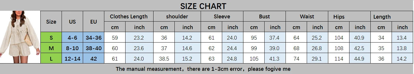 Cyflymder  Women's Striped Outfit Set Tiered Long Sleeve Tie-Up Shirt and Elastic Waist Shorts Casual 2 Piece Set for Fall