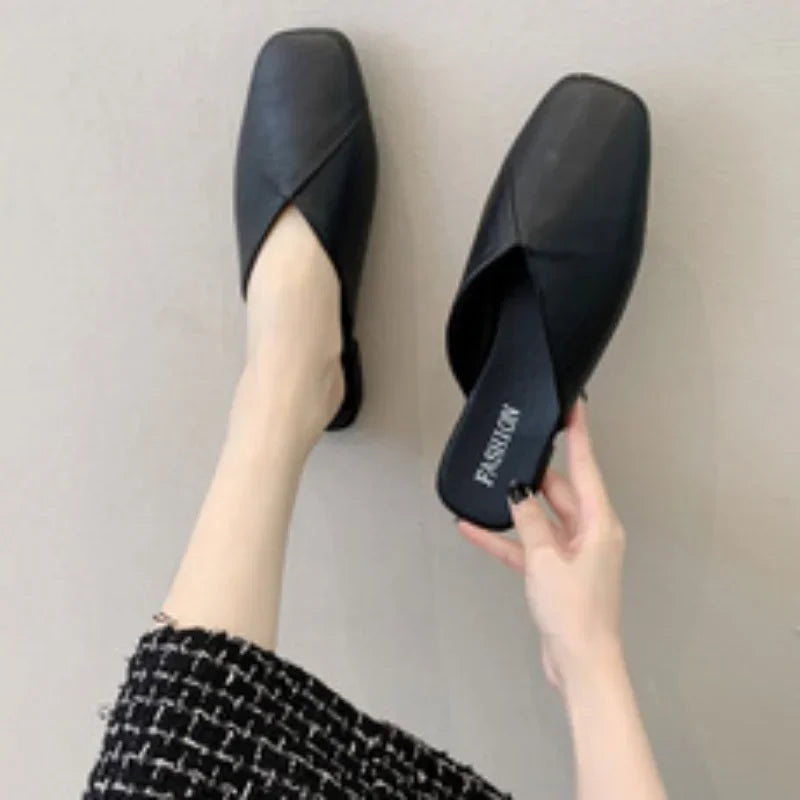 Cyflymder Women Mules Summer Elegant Square Closed Toe Flat Slippers Female Shoes Casual Leather Black White Slides Plus Size 35-43