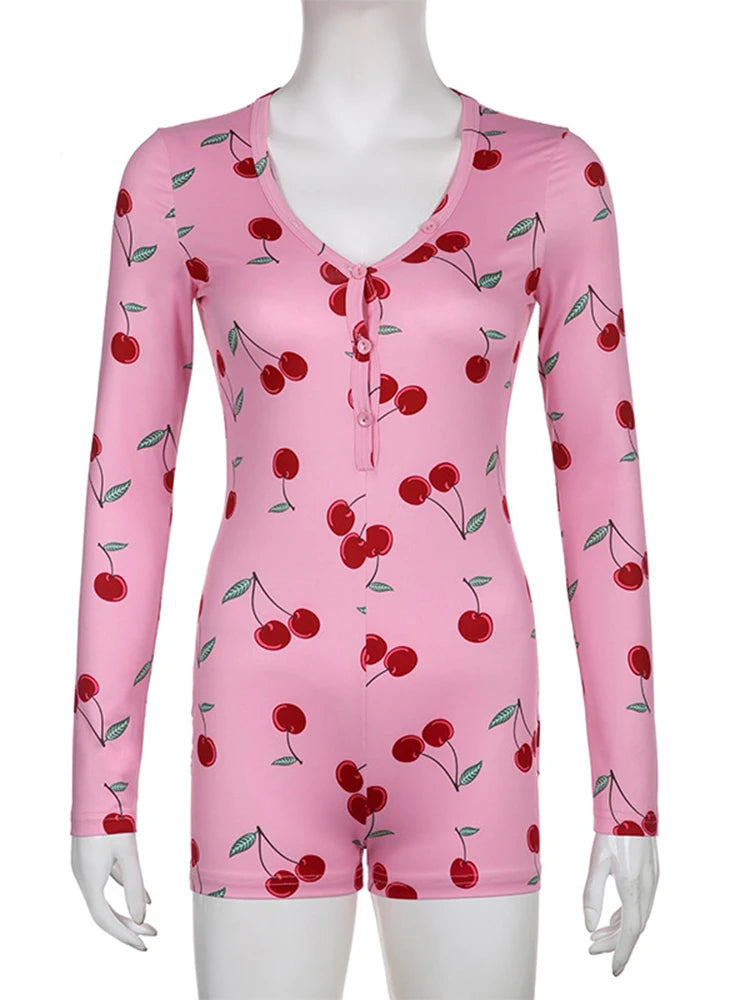 Cyflymder  Cute Fruit Cherry Print Tight Fitting Long Sleeve Sexy V Neck Single-breasted Casual Home Bodysuits Sleepwear Playsuit For Women