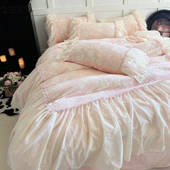 Cyflymder  Pink Princess Lace Ruffles Flowers Carved Velvet Warm 4Pcs Bedding Set Duvet Cover Bed Sheet/Fitted Sheet/Bed Skirt Pillowcases